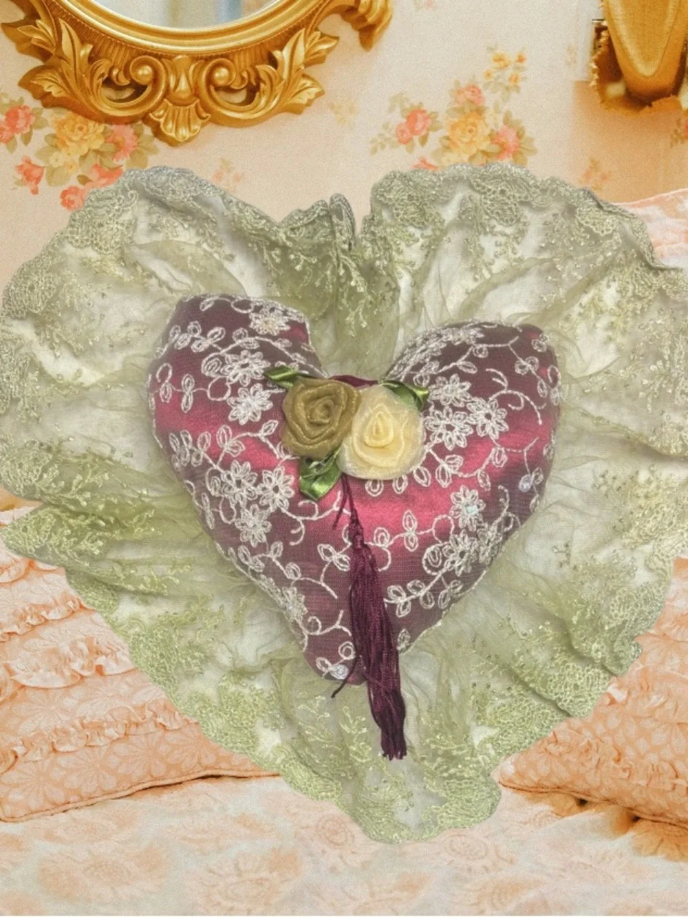 Victorian “French Lovers” Handmade Lace Heart Pillow Vintage Cottage Core Décor